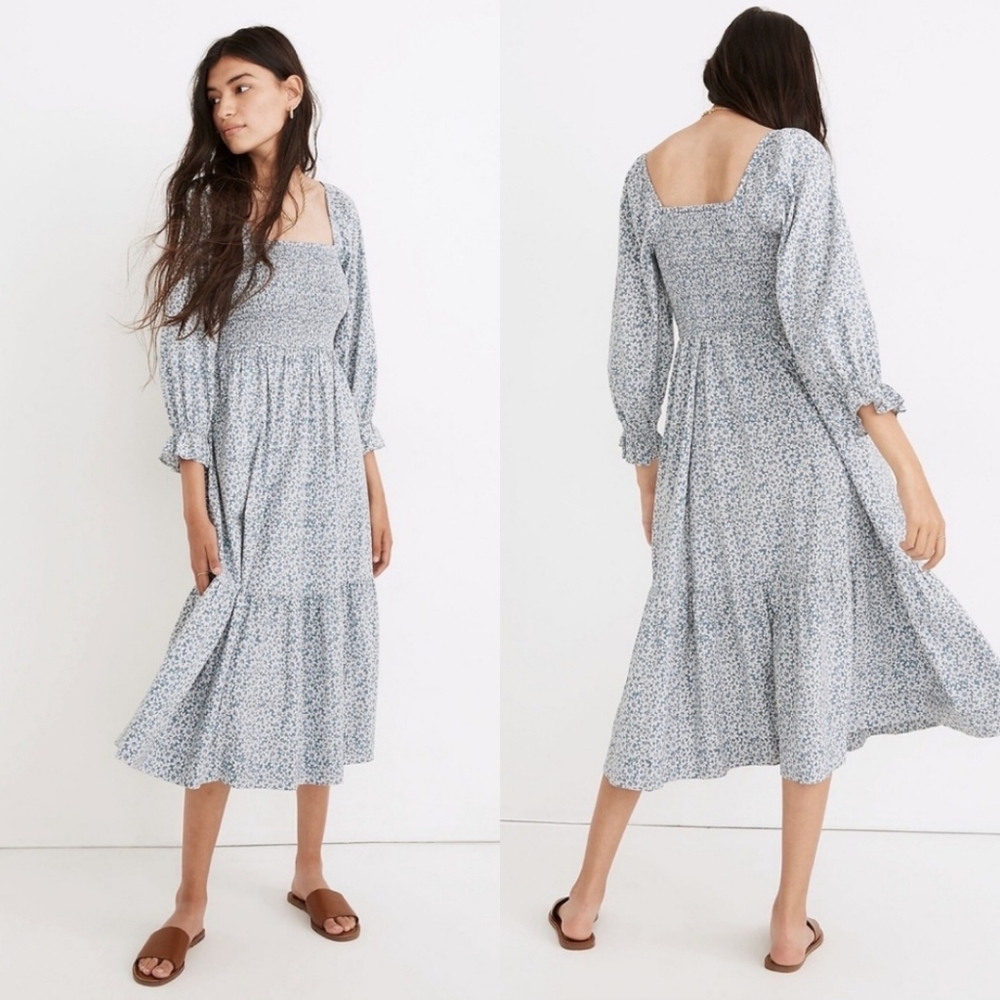 MADEWELL Lucie Elbow-Sleeve Smocked Midi Dress in Sunflower Field sz S
